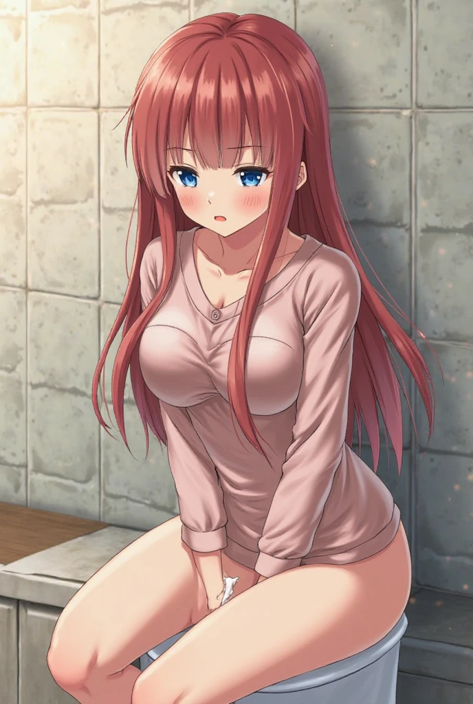((masterpiece,best quality anime,Highest quality:1.3)),realistic,cowboy shot,((30 year old beauty)),gunslinger,1woman,solo,((very small head:1.4)),((very long body:1.3)),(red hair),bangs,straight long hair,gorgeous big eyes,brown eyes,shy,((Denim mini skirt))、topless,nipples、navel、 black_thighhighs),((slender body:1.3,skinny)),small breasts,gleaming skin,shiny skin,sweat,Simple bedroom、The World of Westerns、