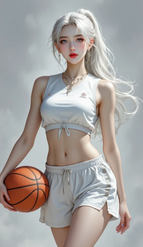 ((realistic, top quality without window, highest resolution, 8k)), ((accurate , accurate body, accurate hands, Accurate feet)), full body photo, She's a beautiful Japanese girl with lovely big , ponytail hair, silver hair, silver eyes, red lips, Pear shaped body, accentuated thighs, basketball player, Great striker, She's showing a powerful dunk shot, She is an NBA professional basketball player, She now has a beautiful smile and is showing a powerful dunk shot 