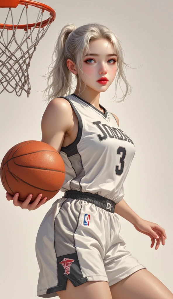 ((realistic, top quality without window, highest resolution, 8k)), ((accurate , accurate body, accurate hands, Accurate feet)), full body photo, She's a beautiful Japanese girl with lovely big , ponytail hair, silver hair, silver eyes, red lips, Pear shaped body, accentuated thighs, basketball player, Great striker, She's showing a powerful dunk shot, She is an NBA professional basketball player, She now has a beautiful smile and is showing a powerful dunk shot 