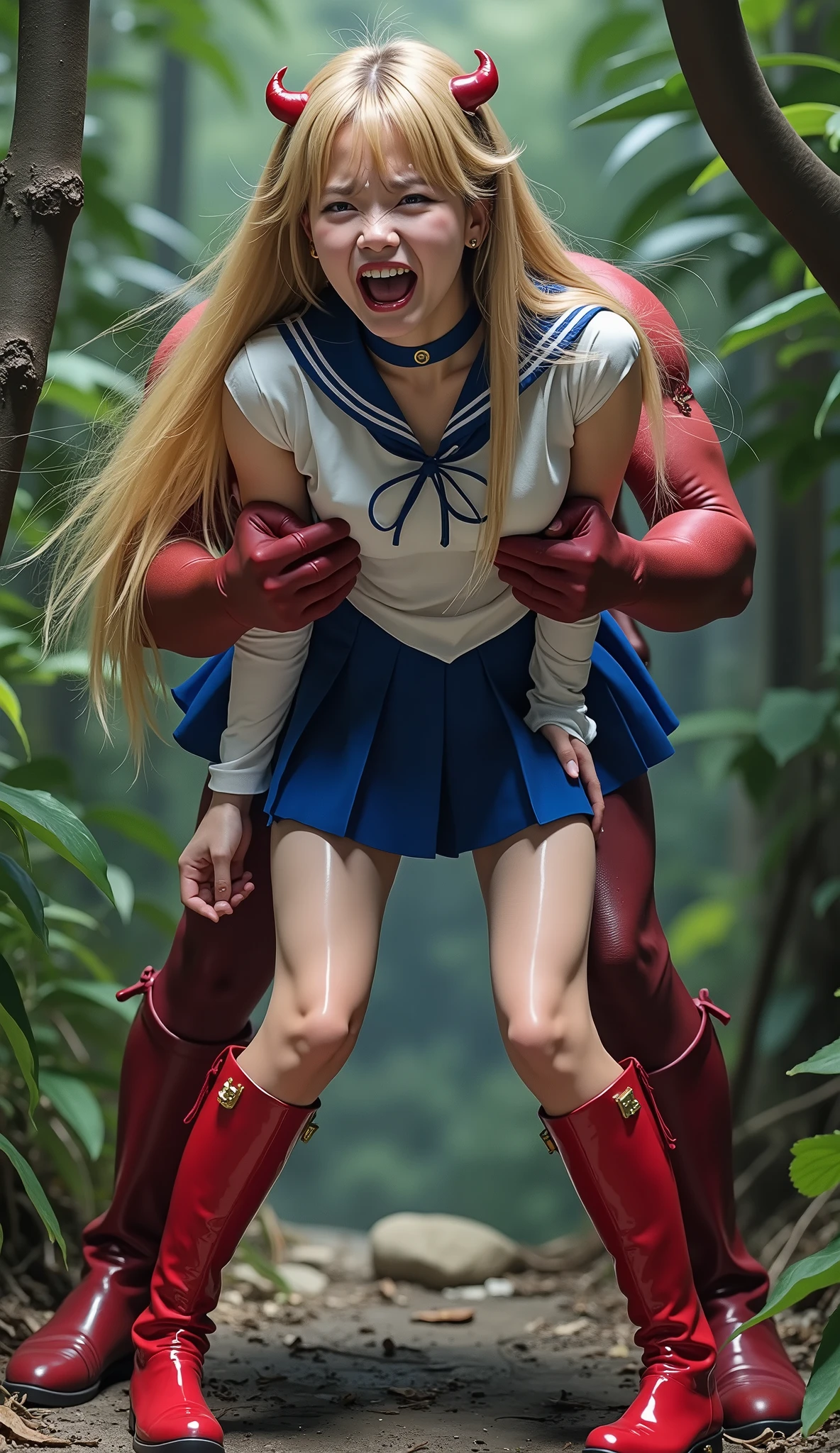 Hyperrealism, masterpiece, highest quality, A young Japanese woman is bending down and hugging from behind by a devil, ((she is crying and screaming in pain)), tears from her eyes, painful face, she is wearing a Sailor Moon costume, Blue sailor collar, Blue short mini pleated skirt, she is wearing a very short blue mini pleated skirt, (upskirt:1.8), Long white gloves, shiny beige color pantyhose, Exposed thighs, red long boots, big choker, long blonde Hair, a devil is standing sexual assault her from behind, the devil is hugging her tightly and push his private part into her skirt, in the jungle,