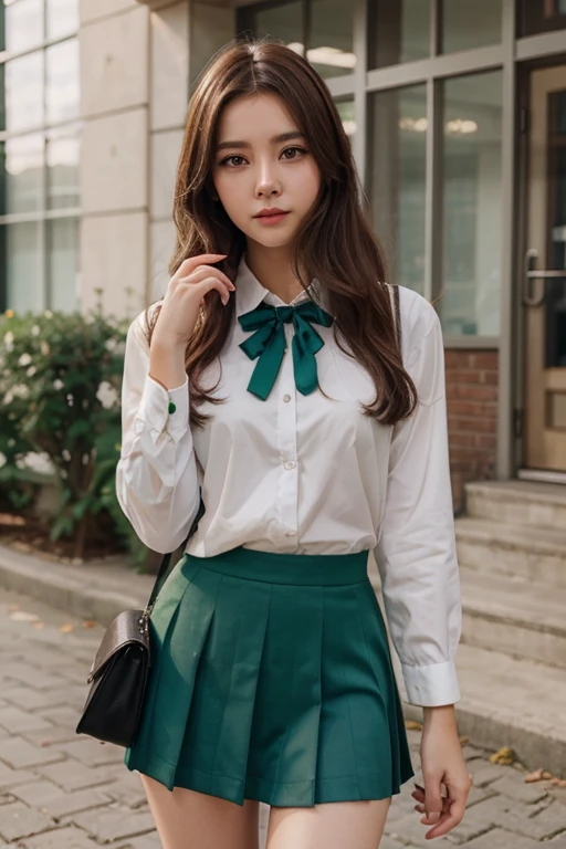 (High resolution、8k:1.3)、masterpiece、(Ultra-realistic as a photo:1.3)、Very nice finish、Slender figure、Sharp focus, 超High resolutionの顔、Highest quality、The face is in focus、Ultra high definition and beautiful eyes、Eyes are symmetrical、High quality and beautiful skin、Firm Skin、Japanese Girls, thin、very cute、17 years old、(white short sleeve shirt、Pleated skirt、Ultra mini skirt), Sitting、sexy、Earrings、Pink wall、Natural Makeup, (blush:1.3), (Embarrassing:1.3)、(View your audience:1.3)，short hair, Messy Hair、Green tie、White collared shirt、sexy、
