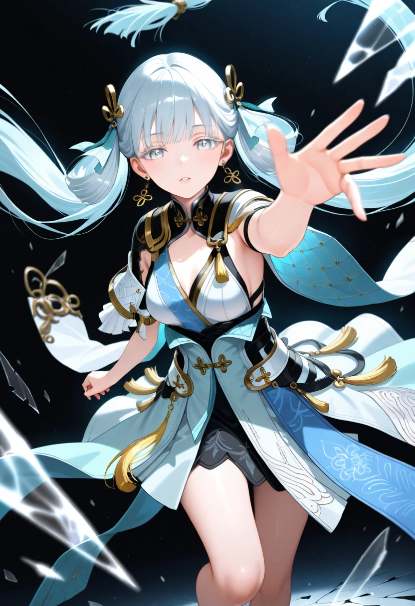 Cyberpunk style,bird girl,Bird Girl,Crane style,Crane element,black vs white,black vs white,White hair,White long hair,White clothes,harpy,wing,wing,Feather sleeves,wing袖子,wing衣服,wing服装,White cheongsam,Feather costume,feather folding fan,Feather fan handheld fan,feather folding fan,Kung Fu Girl Chinese Style,Fighting style,Cyberpunk style,Street background,赛博朋克Urban BackgroundStreet background,赛博朋克Street background,Urban Background,Standing posture,Fighting Stance,Fighting Stance,Boxing Stance,Boxing stance,Close-up above the waist,Ball head,White hair,White long hair,White hair