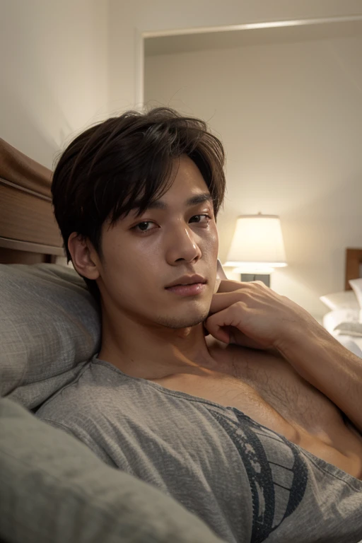 A slender man with white eyes, thin, straight black hair, this man is sodomized and gagged, he has his hands and head stuck to the headboard of a bed.