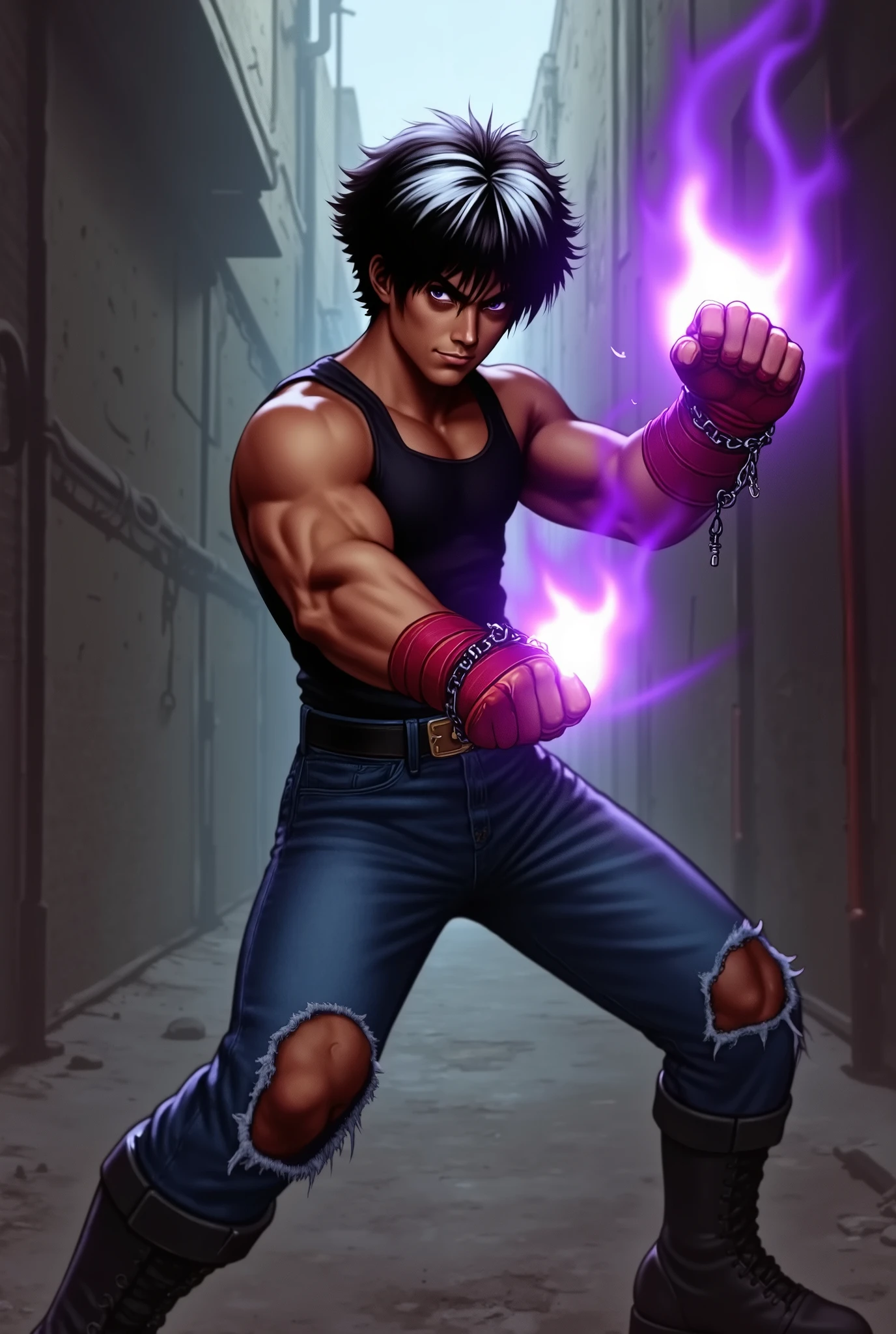 a young man, with black hair with white tips, dark skin, purple eyes, a black sleeveless tank top, jeans with ripped knees, black combat boots, hands bandaged with red bands and chains, with his hands with a purple flame, in a dirty, dark alley, throwing a punch