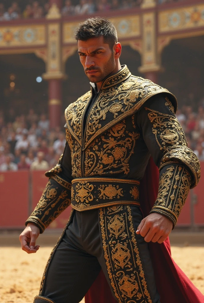 Shirtless bullfighter, looking ahead