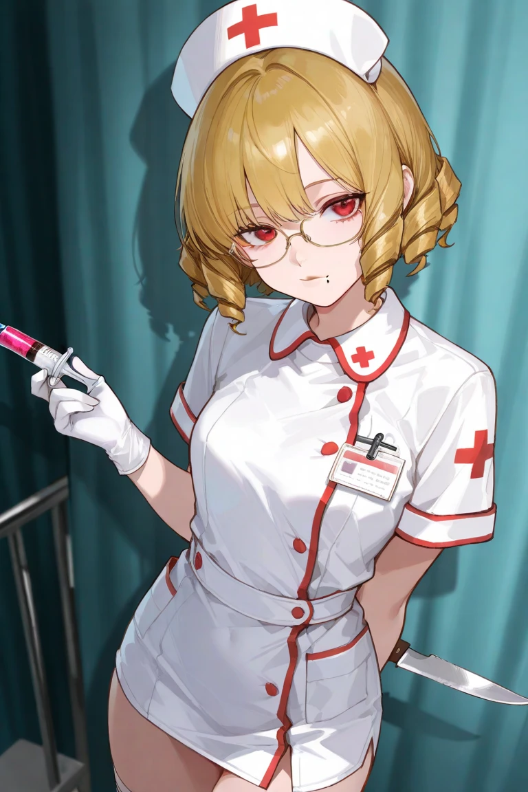 1girl, light hair, ((white gloves)), ((surgical gloves)), ((latex gloves)), ((long sleeves)) ((red surgeon outfit)), looking at viewer, ((red doctor outfit)), standing, solo