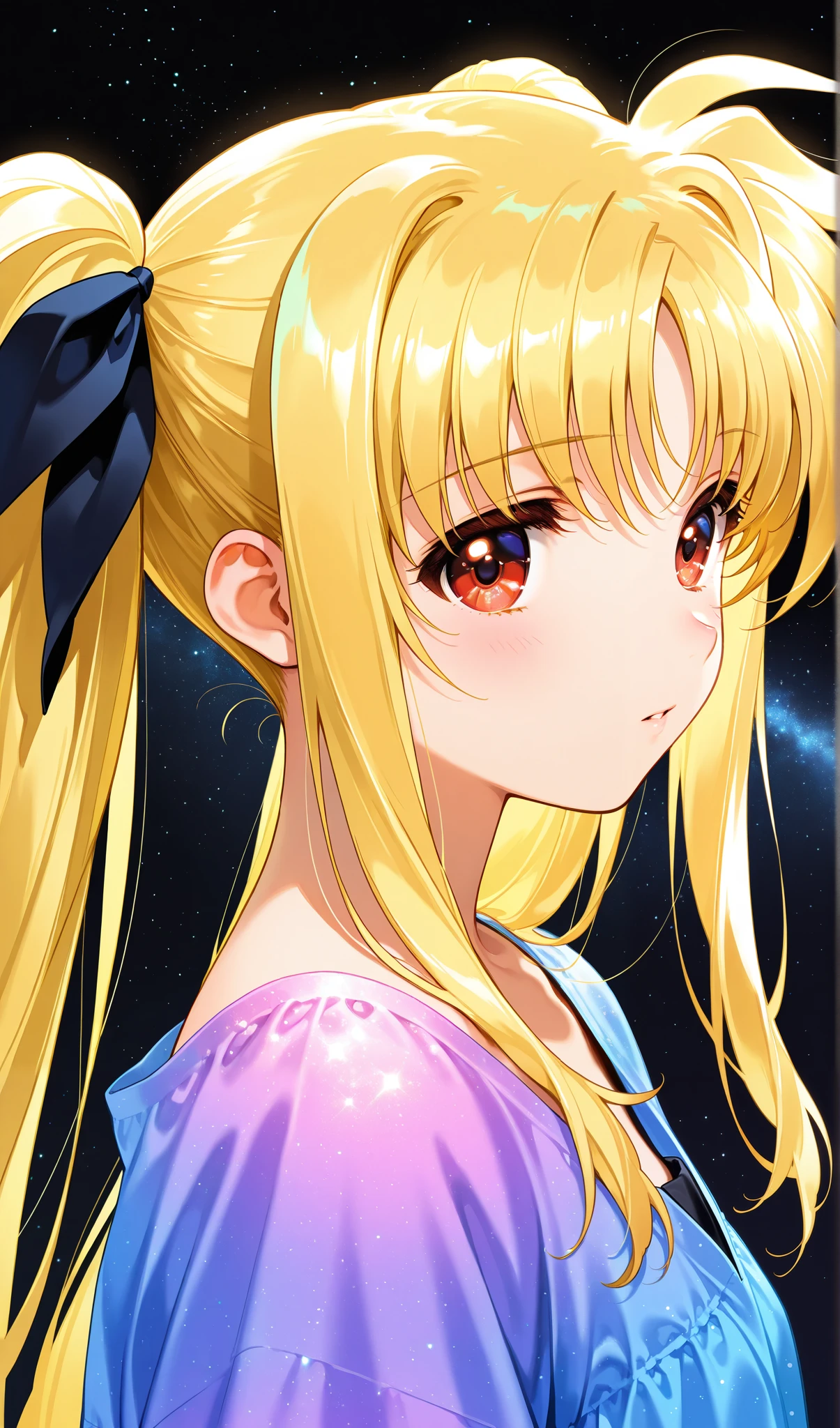 (( 1 girl)),  testarossa, red eyes, blonde hair, twintails, twin ribbons, black_hair_ribbons 、Toyoaki Yoshi 、Black background,colorful, loose clothes, "Intricate Iris Details", "Captivating Eye Reflections",from the side,Beautiful eyes, vibrant, Shining Contours ,neon,green、official art、viewer, masterpiece, Very Beautiful、starry sky、 sidemap、Light powder、neonヘア、