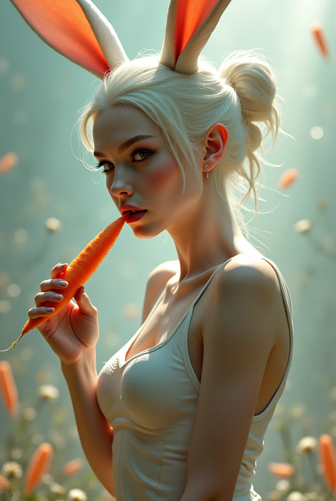 Bunnygirl costume in silk lingerie with tight stockings. Tail butt plug. Blonde, small breasts, white skin. Licking on a carrot