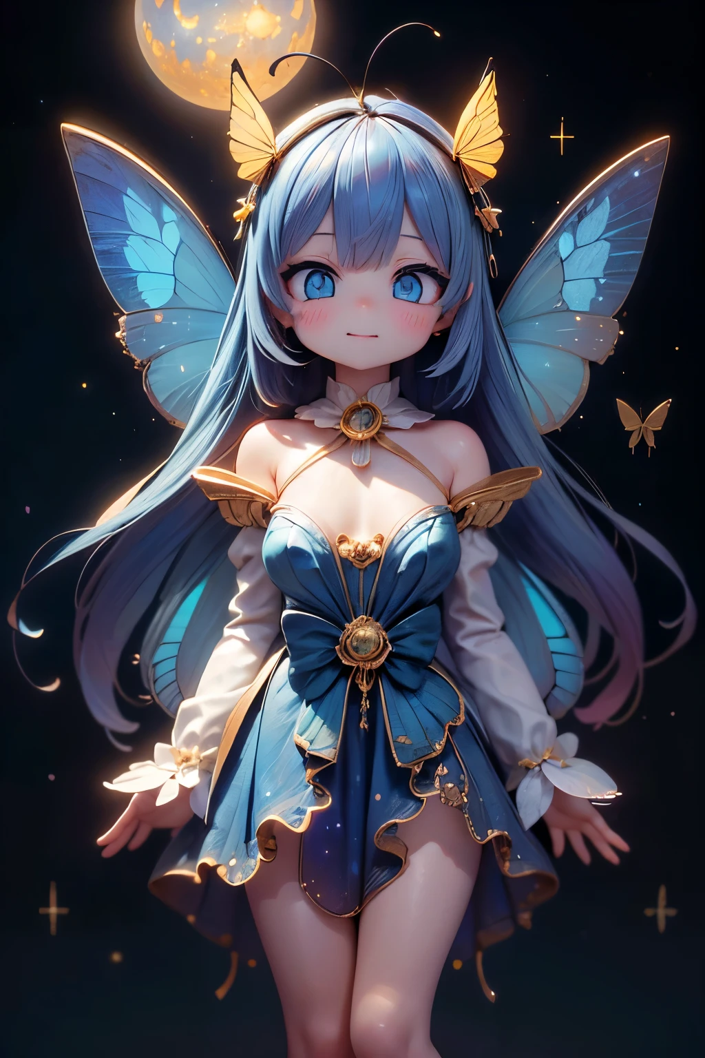 a women, blue butterfly, blue hair, pink eyes, blue dress
