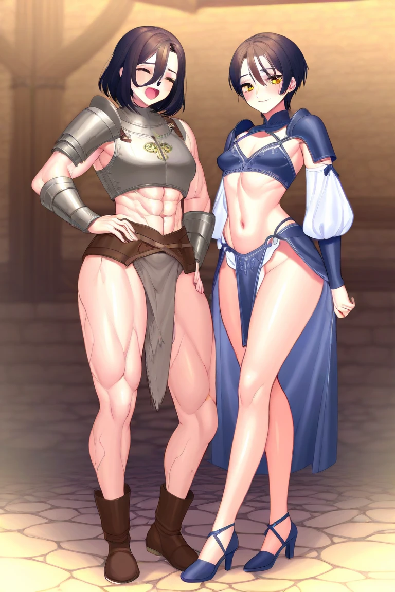 (fantasy:1.5), (masterpiece:1.3), (ultra detailed:1.2), (2girls:1.8), (dungeon:1.5), (cowboy shot:1.3), teens, random hair, (baby face, cute face:1.2), (serious:1.2), (medium breast:1.3), (sweat:1.2), (shiny skin, oily skin:1.1), (face detailed, body detailed:1.6), (soldier clothes:1.5), (clothes detailed:1.8), (hip detailed:1.3), (looking at viewer:1.4), (standing:1.3)