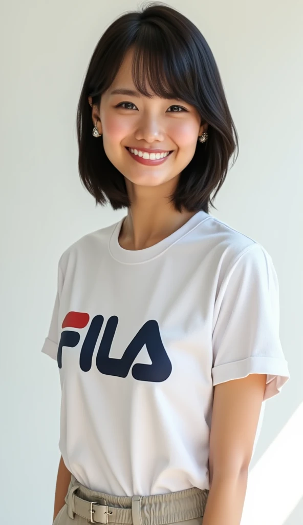 Headshot of a cute Japanese woman wearing a FILA round neck t-shirt with a cute pattern, chinos, and open pants