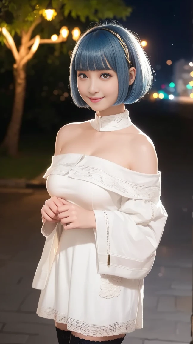 (saturation:1.6),A japanese woman stands in a park where white clover blooms all around, a forest can be seen in the background, exquisite and beautiful face, exquisite collarbone, seductive and delicate collarbone, charming A japanese woman stands in a park where white clover blooms all around, a forest can be seen in the background, exquisite and beautiful face, exquisite collarbone, seductive and delicate collarbone, charming fragrant shoulders, shoulders slightly exposed,  open-shoulder long sweater,sky blue sweater, pretty face, peach Red lips, tender and smooth skin,(white skin:1.6),black hair,(bob hair:1.2), short hair,(smile:1.2),smile with teeth, white teeth,realistic details,  ultra-high resolution,bokeh,pigeon chest, full body
