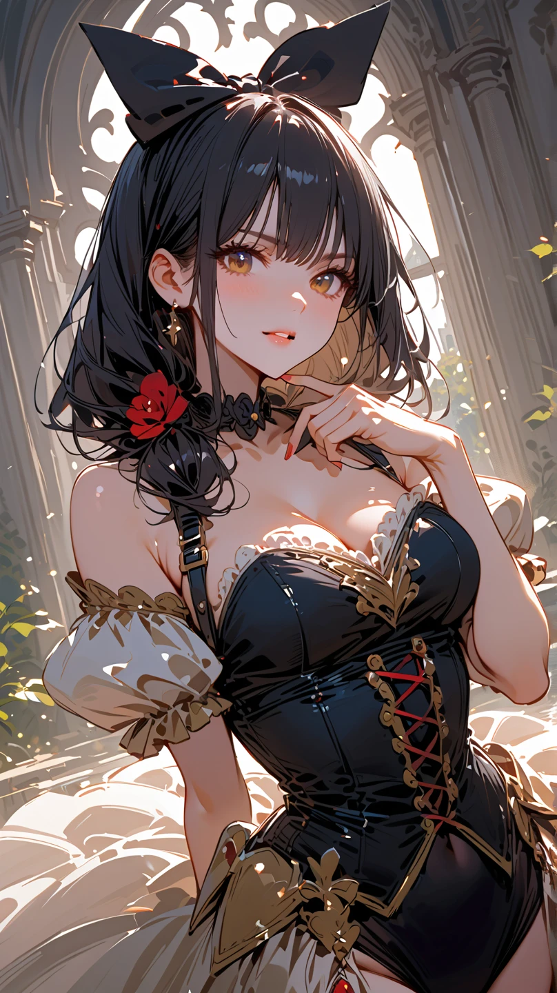 (dynamic angle:1.3, front view:1.1, breast focus:1.3, from below:1.2), (dynamic posing:1.5, sexy posing:1.2, leaning forward), (seductive smiling:1.3),(*K) HD, highest quality, Anime style beutiful woman, 1girl,fullbody, happy, (with sparkling eyes and a contagious smile:1.2), red face, closed mouth, beautiful detailed eyes, super detailed skin, backlighting, bare shoulders, black background, black dress, black gloves, silver hair, breasts, dress, earrings, fingerless gloves, floating hair, floral print, flower, gloves, gold earrings, gold hairband, hair flower, hair ornament, hairband, holding, holding two-hands weapon, jewelry, medium breasts, long hair, looking at viewer, off-shoulder dress, off shoulder,red eyes, short hair with long locks, sidelocks, solo, spikes, thighs, two-sided dress, two-sided fabric, weapon, fighting stance , face, close up, from above, highest quality, high resolution,Real World, Natural light,perfect Natural light,looking at viewer,