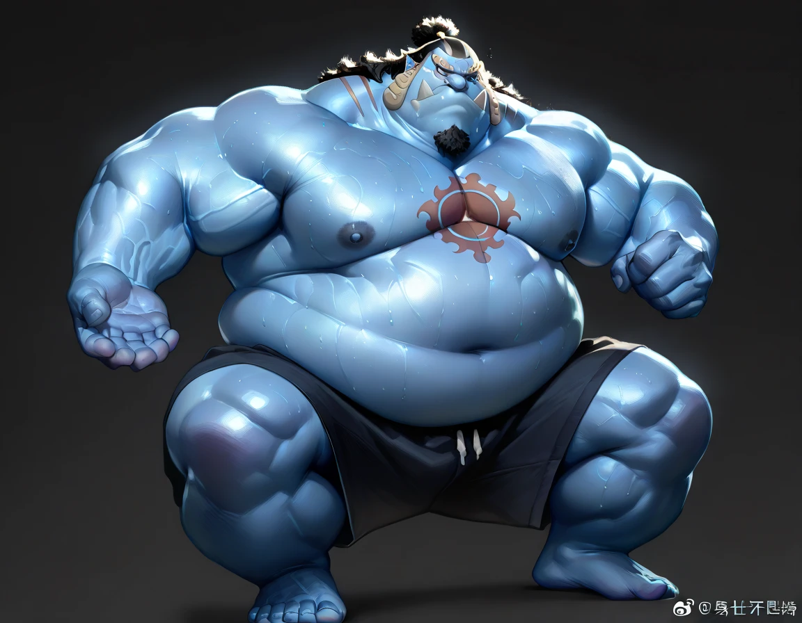 chubby man (jinbei) in street, (blue skin, blue skinned), muscular, pectoral, wide pectoral, beach, palm, realistic, 8k, masterpiece, (wearing small speedo, big bulge, shoes)