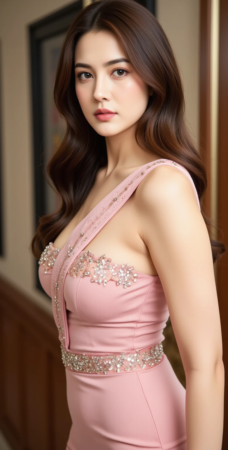 (Canon_RF85mm_f/1.2,_best_quality,_Reality:1.4,_light),(1_Asian_girl,_Asian_Idol:1.2,_beautiful_long_Slim_leg),(long_Brown_Wavy_hair),_pink_Shiny_Lips,_pink_Eyeshadow,_eyelash,_powder_blush,_cosmetic),_(White_Shiny_skin,_black_eyes,_Pores,_skin_texture,_Shiny),_(necklace,_earrings),_Large_Breasts,_Smile,_Dynamic_poses, ((lifelike: 1.2))