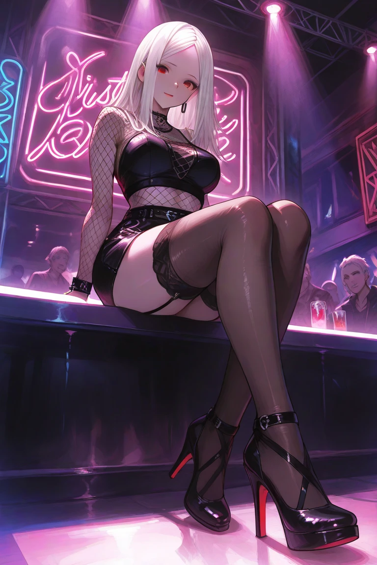 Very raucous nightclub woman，best qualtiy, Full body like，Refined face，，underboobs exposed，seductiv，seduce,k hd，Black lace stockings，spread their legs，White lace panties are exposed