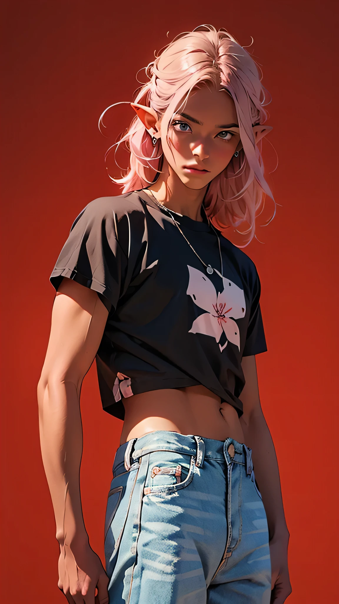 A pretty man with dark brown skin, long pale pink hair styled with a center part and extremely straight hair . He has light blue eyes, a skinny build, and effeminate, androgynous . His silky hair adds to his graceful appearance. He wears a stylish crop top and delicate flower-shaped earrings, he has elf ears , enhancing his elegant and unique style.
Wearing a black t-shirt , dark blue jeans , black watch , model on the cover of a magazine , red background,