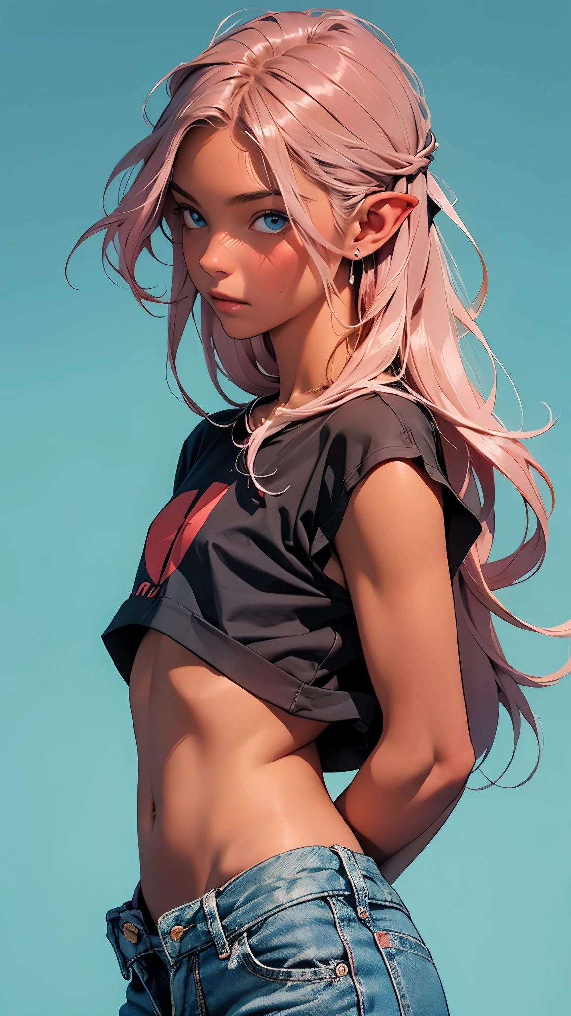 A pretty man with dark brown skin, long pale pink hair styled with a center part and extremely straight hair . He has light blue eyes, a skinny build, and effeminate, androgynous . His silky hair adds to his graceful appearance. He wears a stylish crop top and delicate flower-shaped earrings, he has elf ears , enhancing his elegant and unique style.
Wearing a black t-shirt , dark blue jeans , black watch , model on the cover of a magazine , red background,