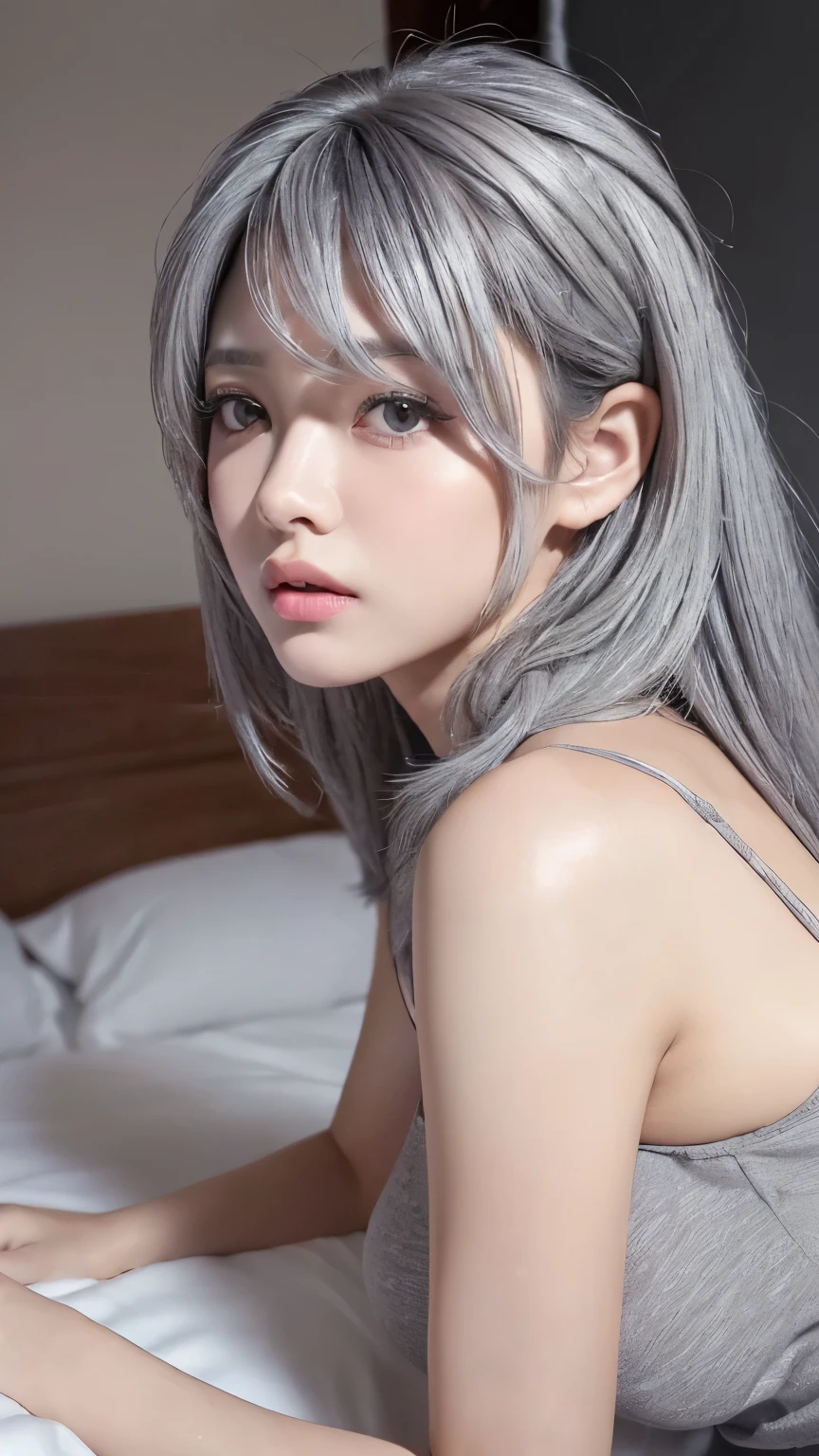 8K, highest quality, RAW photo,  ultra high resolution　silver blonde　silver hair　cool beauty　thin eyebrows　alone　droopy eyes　glamorous mouth　　See-through coordination　Angle of view looking down from the back　huge breasts　Huge valley　beautiful butt　avoid exposure as much as possible　show your whole body　light pink see-through fabric　on the bed　close your eyes　close your eyes　sleep　get down on all fours