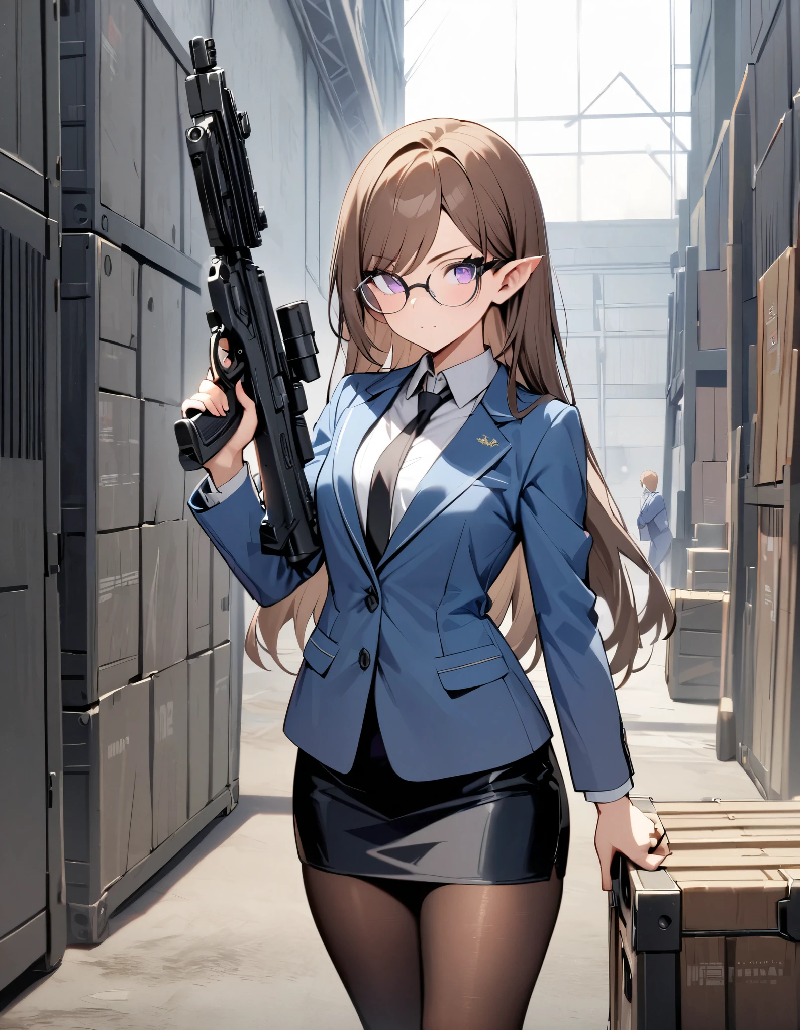 masterpiece, best quality, highres, 1girl, solo, solo focus, brown hair, long hair, swept bangs, vulcan ears, purple eyes, beautiful detailed eyes, beautiful detailed face, cute face, ((glasses)), blue suit jacket, white untucked shirt, black necktie, black pencil skirt, full tights, dark gray tights, black loafers, (holding weapon, holding gun, blaster rifle, trigger discipline, 1.2). warehouse, backdrop, indoors, weapon crates.