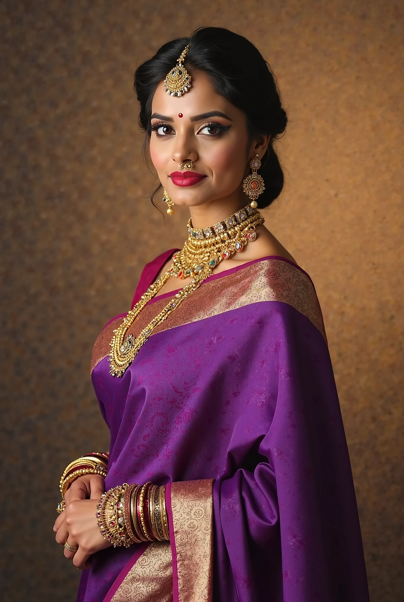 In this photograph, an Indian Instagram female model in her mid-20s takes hugging her self. (highly detailed face:1.4) (smile:0.7) (background 5-star hotel, moody, private study:1.0V, by Lee Jeffries, Nikon D850, film stock photograph, 4 Kodak Portra 400, camera f1.6 lens, rich colors, hyper-realistic, lifelike texture, dramatic lighting, Cinestill 800, realistic). She is wearing a traditional purple saree that exudes elegance and sophistication. The saree features a vibrant and intricate design with rich colors and detailed patterns, draped gracefully around her. The blouse is sleeveless but with intricate embroidery and beadwork, complementing the saree’s luxurious fabric. She is tying her hair with raised hands, Completing her look, she adorns herself with traditional jewelry, including bangles, earrings, and a necklace. The model's hair is styled in a classic bun with jasmine flowers, adding a modern twist to her traditional attire.
The photograph is meticulously captured in 8K resolution using cutting-edge techniques such as Cinema 4D and Octane Render, resulting in a highly detailed and photorealistic image. Studio lighting, HDR, and a smoky mist create a captivating ambiance, while the bokeh effect adds an artistic touch.