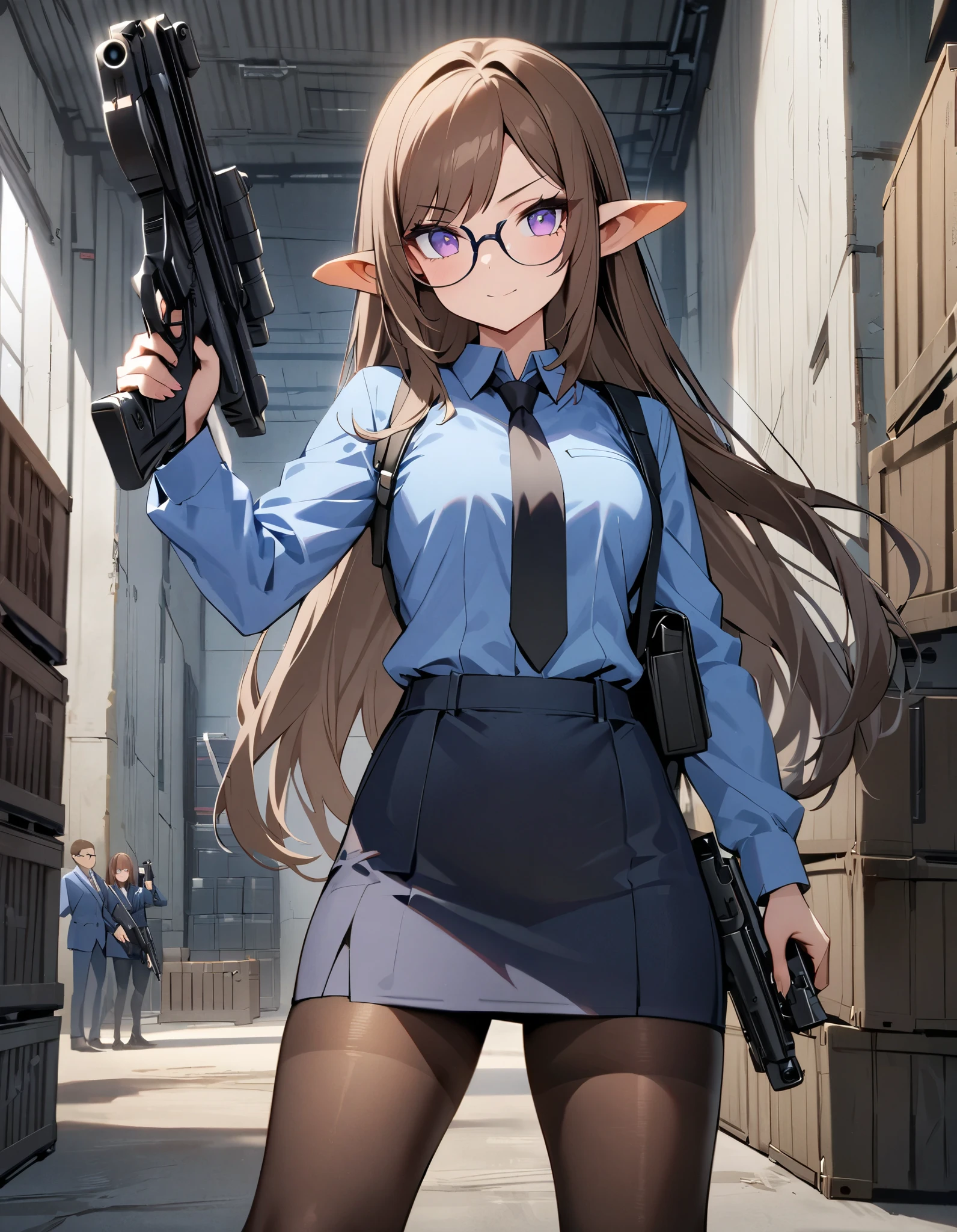 masterpiece, best quality, highres, 1girl, solo, solo focus, brown hair, long hair, swept bangs, vulcan ears, purple eyes, beautiful detailed eyes, beautiful detailed face, cute face, ((glasses)), blue suit jacket, white untucked shirt, black necktie, black pencil skirt, full tights, dark gray tights, black loafers, (holding weapon, holding gun, blaster rifle, trigger discipline, 1.2). warehouse, backdrop, indoors, weapon crates.