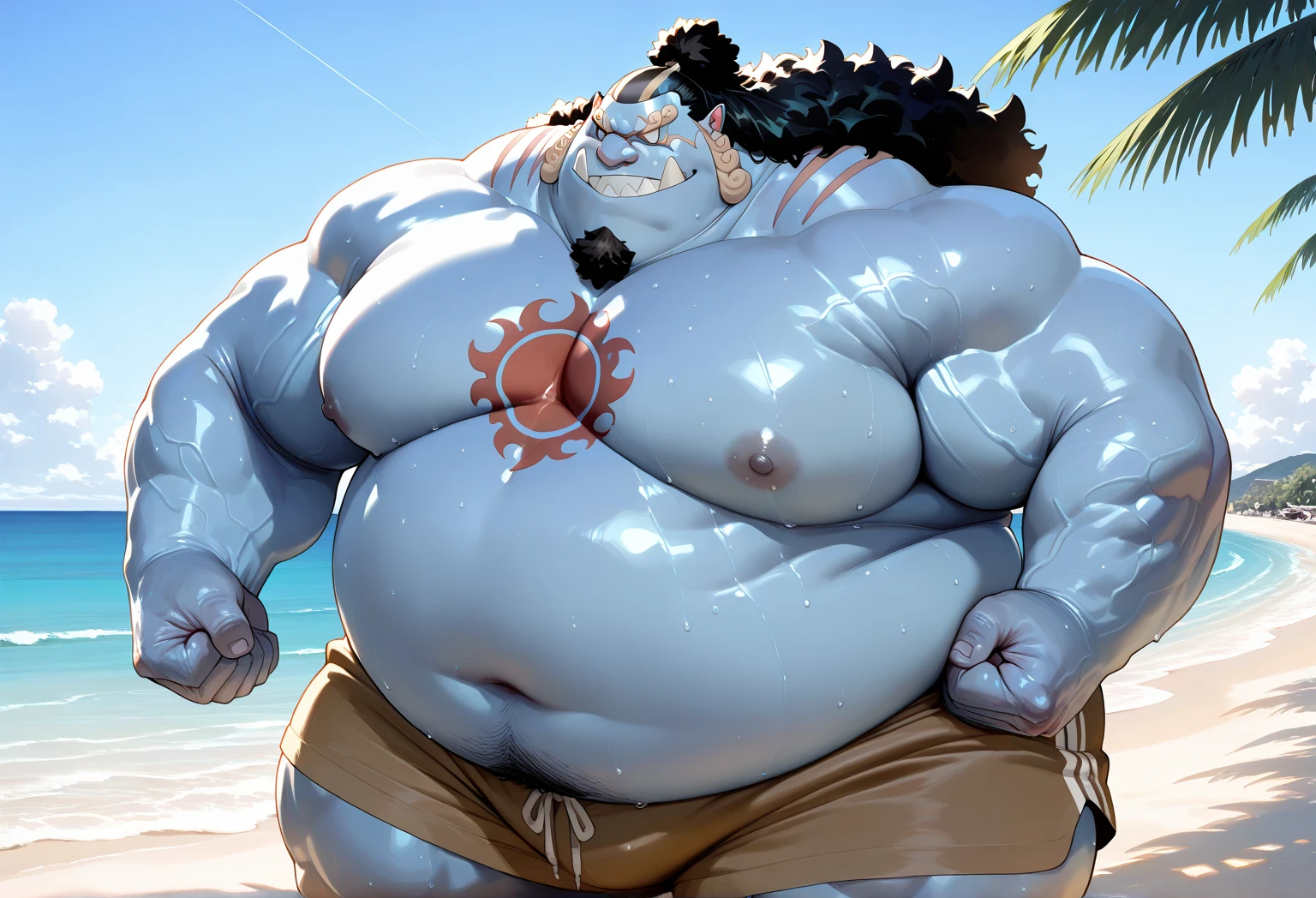 One Piece Fat Obese Jinbe Fat Metabolic Syndrome Obesity Light blue skin Taking a bath、Touching the belly