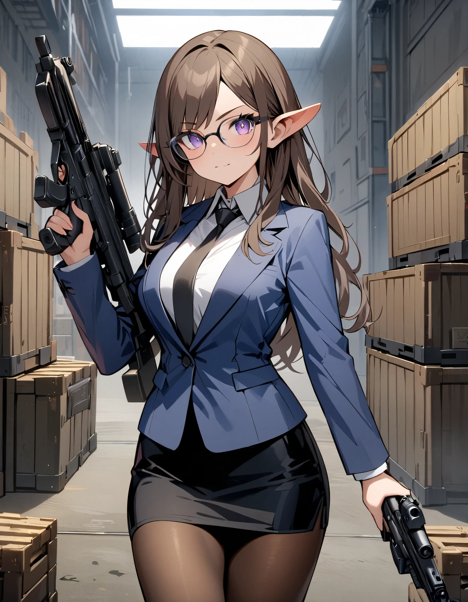 masterpiece, best quality, highres, 1girl, solo, solo focus, brown hair, long hair, swept bangs, vulcan ears, purple eyes, beautiful detailed eyes, beautiful detailed face, cute face, ((glasses)), blue suit jacket, white untucked shirt, black necktie, black pencil skirt, full tights, dark gray tights, black loafers, (holding weapon, holding gun, blaster rifle, trigger discipline, 1.2). warehouse, backdrop, indoors, weapon crates.