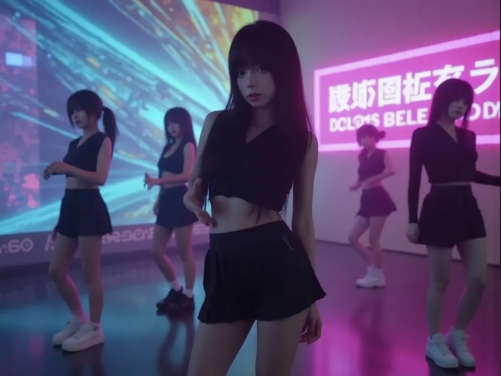 (ExtremelyDetailed((CYBERJAPAN DANCERS))) BigBoob, Radiant FineSkin with Transparency, {(Shouting)|Flashing} ((beltbra)) and Skinny Shorts (ExtremelyDetailed(Cute and Coquettish Faces)) PerfectLighting, Oodles Blurred ColorfulLights at Dusk City, Starry Particles . SFW
