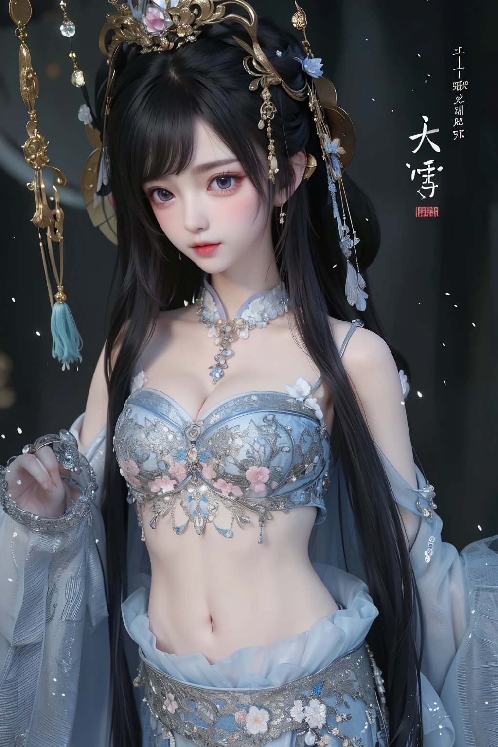 (masterpiece:1.5), (((top quality, best quality, high quality))), ((Intricate details, Super detailed, extremely detailed)), high resolution, 32k, Extremely detailed unified CG 8K wallpaper, (Beautiful and beautiful:1.2),, (depth of field:1.3), (flawless:1.3), (Depiction of delicate details:1.4),
((Brilliant full lighting, Sweet colors)),   (Illustration of an extremely beautiful human being:1.3),
(Upper body:1.4), (Perfectly centered:1.4),
(1 girl:1.5), (Mature:1.4), (exotic dancer:1.4),
beautiful gorgeous face, [(Detailed face:1.2):0.2], Bright Eyes, Pure love face_v1, ulzzang-6500-v1.1,  (Keep your mouth shut:1.5), (red lips:1.4), (plump lips:1.4), (Smile:1.5),
Charming perfect figure, (((Clear female body contours))), bright and shiny skin, Realistic skin, skin pores, (coquettish:1.5), (((toned belly, Detailed belly button, groin:1.3))), Willow Yao,
rest (Crystal clear, delicate and transparent:1.3), (Explicit clothing:1.5), (Gorgeous Sparkling Shrugs and Pasties:1.4), (Gorgeous Arabian saree:1.5), transparent clothes, (Long tight sleeves:1.4), (split collar), (Make sparkling:1.5), (Luxurious and Sophisticated Costume Jewelry:1.5), (gem embroidery:1.4), (clothes sparkle:1.4), (sparkling particles:1.3), (((Low front seam))), (((earrings, armband, hairpin, hair accessories))),
(Standing alone in an outdoor botanical garden，The gardens are decorated with jewels and gemstones as well as colorful and different flowers and shrubs.:1.5), (Outside a magnificent ancient palace:1.5), (Surrealistic exquisite background:1.5), (intricate scenes:1.5),