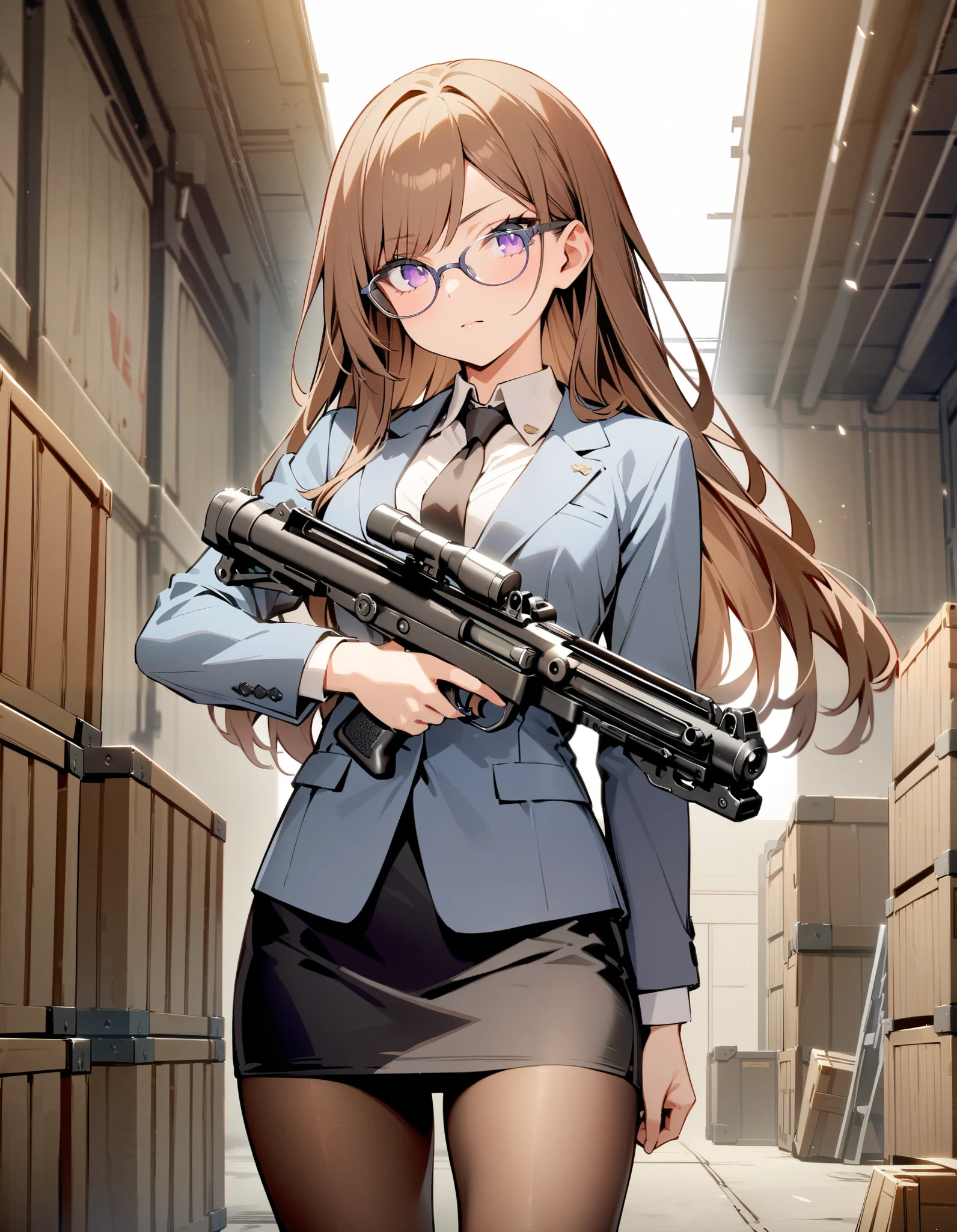 masterpiece, best quality, highres, 1girl, solo, solo focus, brown hair, long hair, swept bangs, vulcan ears, purple eyes, beautiful detailed eyes, beautiful detailed face, cute face, ((glasses)), blue suit jacket, white untucked shirt, black necktie, black pencil skirt, full tights, dark gray tights, black loafers, (holding weapon, holding gun, blaster rifle, trigger discipline, 1.2). warehouse, backdrop, indoors, weapon crates.