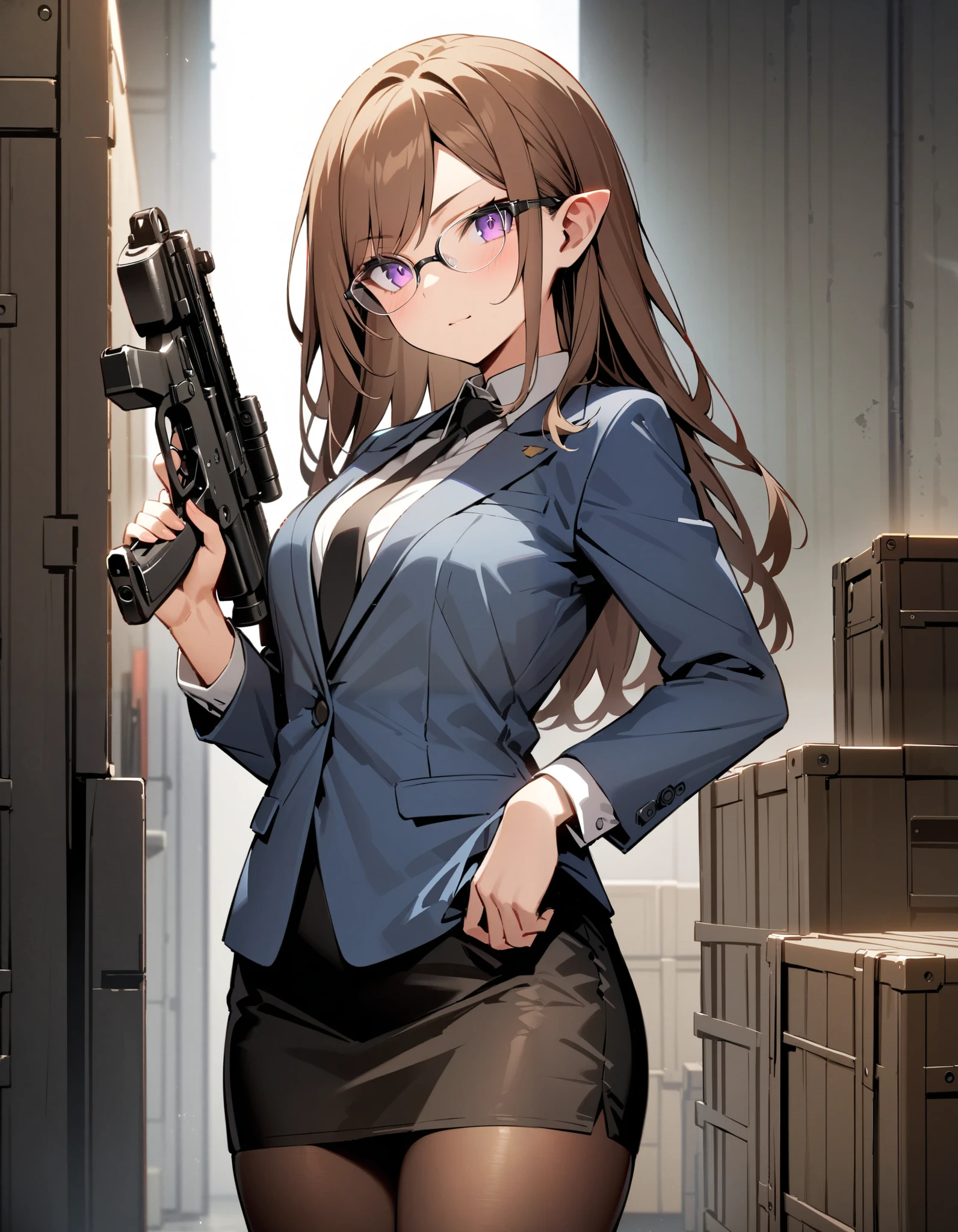 masterpiece, best quality, highres, 1girl, solo, solo focus, brown hair, long hair, swept bangs, vulcan ears, purple eyes, beautiful detailed eyes, beautiful detailed face, cute face, ((glasses)), blue suit jacket, white untucked shirt, black necktie, black pencil skirt, full tights, dark gray tights, black loafers, (holding weapon, holding gun, blaster rifle, trigger discipline, 1.2). warehouse, backdrop, indoors, weapon crates.