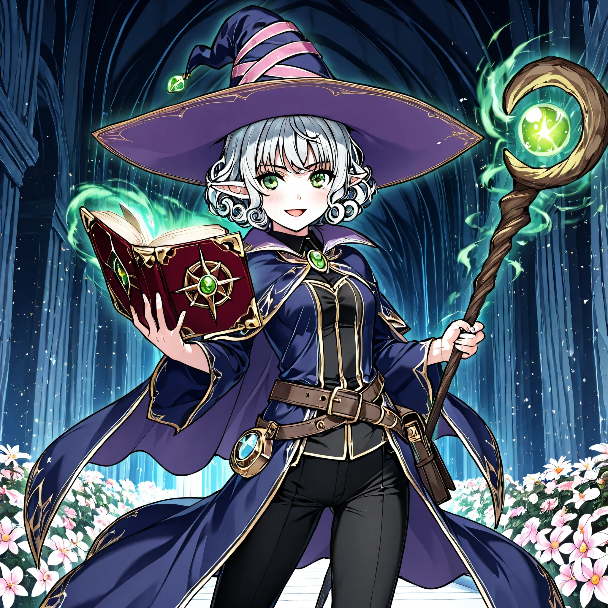 Solo elf, female, silver hair, short hair, medium cut, curly hair, green eyes,slender, flower shop penta witch's pointed hat, flower penta wizard costume, pants, fair skin, annoyance, raise right hand, belt, waste set red book, cool emotion, cool mild smiling, action pose, chanting magic, action pose, one hand magical long metallic staff, icy breath, frosty illusions, dark fantasy, inside, in the museum