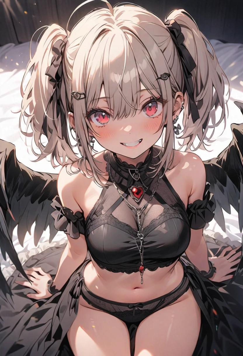 bun hair style , wearing necklace, himiko toga, perfect breasts, cleavage, arms behind back, cute overload, thick thighs, thigh highs, black background, maid lingerie