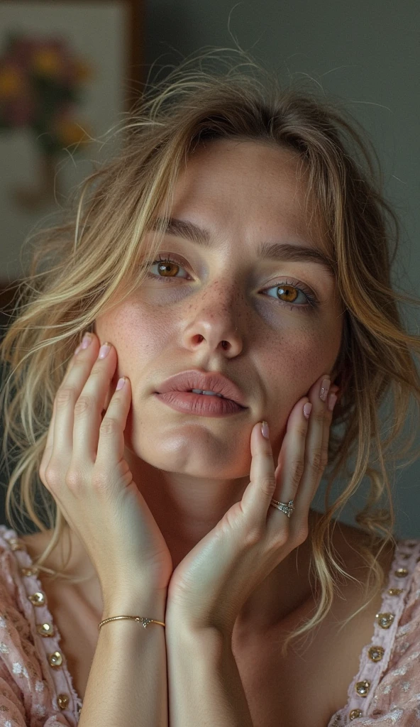 realistic photo of a young blonde woman with her finger resting on her nose