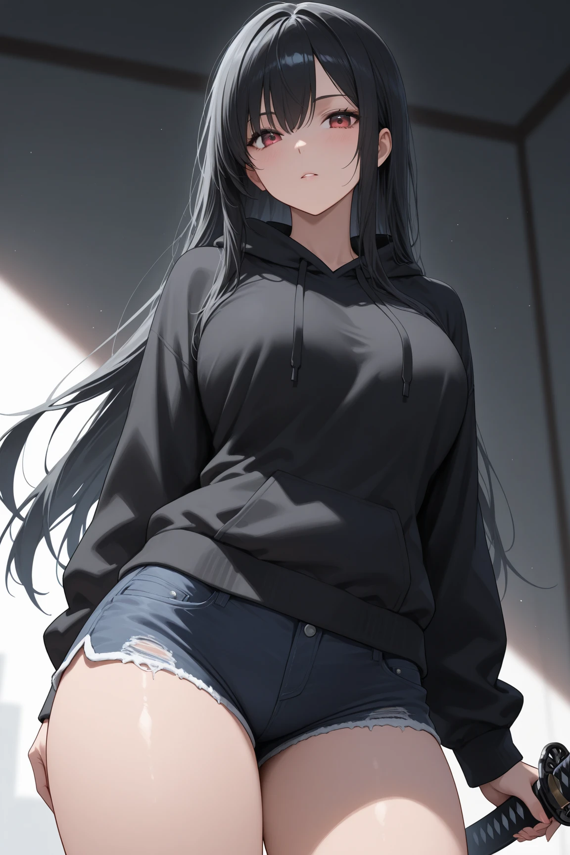 1girll,urban backdrop,Black sweatshirt,,short skirt,Long black hair,nudegirl,Random color stockings,skirt lift by yourself, White underwear, Cute white panties,spread, Carmelto of underwear