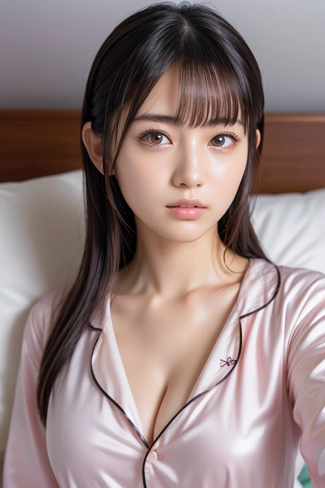 highest quality、(professional writing)、masterpiece、Detailed workmanship、(high resolution:1.1)、(8K, High resolution:1.2)、(RAW photo, photorealistic:1.3)、slender body shape、high definition face、(Face is in focus、high definition eyes)、(Focused, symmetrical pupils:1.2)、High-definition and beautiful skin、firm skin、natural makeup、gross lip, High-definition hair texture, (japanese woman、high school girl:1.3)、17 years old、(hair bun:1.2), unparalleled beauty、break (A patterned yukata with an open hem, multiple color:1.3) break bedroom, (on the bed、I have my hands on my chest:1.3)、(lying on one’s back:1.2), (shy face:1.3), medium breast, cleavage, nipples, (very embarrassed, blush:1.3)、(shot from above:1.2), looking at viewer:1.2