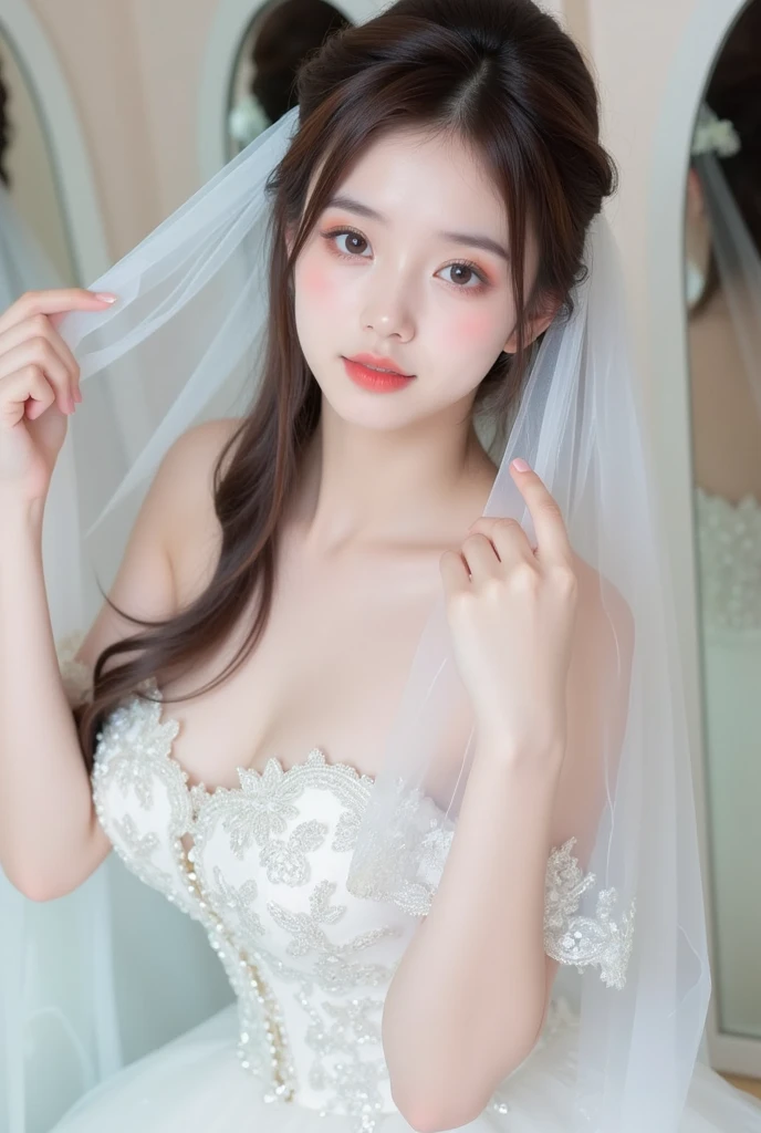 ((realistic lighting, highest quality, 8k, masterpiece: 1.3)), clear focus: 1.2, closed your mouth, balanced eyes, Detailed beautiful delicate face,(Detailed beautiful delicate eyes:1.32),Depth of the bounds written, cute, cute, looking at the viewer, cute, Idol, baby face, (gigantic breasts), (((super big breasts))), ((super plump body)), smile, beautiful_feet, shining eyes, blush, perfect body, (princess line wedding dress:1.3),(boat neck:1.5), bridal tiara, wedding veil, bridal gloves, full body, long-Hair, cozy bedroom, on the bed, sunlight, earrings, necklace, model, looking at the viewer, positive, absurd, (highest qualityの詳細:1.42), ((high ponytail)), realistic,8K high resolution, super detailed, high quality texture, intricate details, detailed texture, finely, high detail, Very detailed CG, high quality shadow,messy hair, floating hair, crawl on all fours, The absurdity of exposed cleavage,thighs,((low-angle shot)), face forward,forward leaning posture