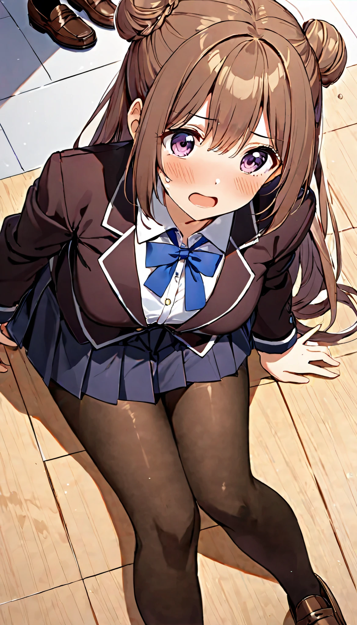 16k,1 girl,Himesaki Rinami ,purple eye,brown hair,hair bun,long hair, , blazers, blue neck ribbon, pleated skirt, black pantyhose, loafers,,embarrassing,big  on the floor,bust focus