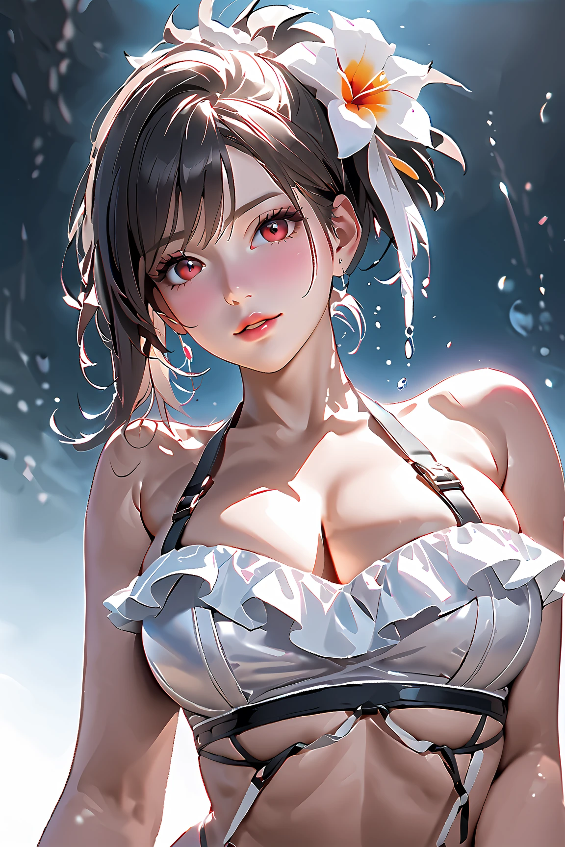 ( 3 girls),smile、Look into the camera、diamond necklace、braided hair, (Half-body maid cafe outfit with open chest showing breasts:1.1)、The material is smooth and flexible..、revealing upper arms、Knee length socks Extra long double tail feathers、close range shooting、Flower Hair Ornaments、Garter、 Masterpiece, Highest quality, 8ก, beautiful girl, young face、 photography, Cute face, thigh, waterfall,、รอยsmile、small waist, blue eyes(((The chest is erect..)))(((round chest)))(((big breasts:1.1)))