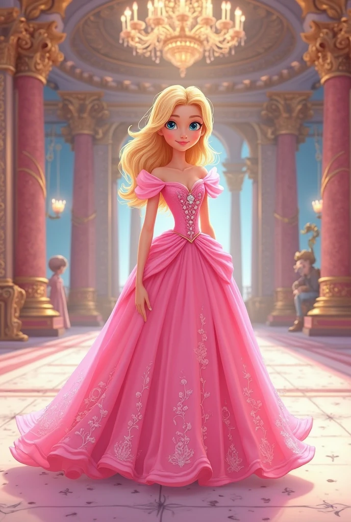 ((Full body photo, standing,))((1 girl)), lingerie, Masterpiece, (high quality, best render), (beautiful girl, aurora), (bomb, pin-up style), hot, floss, perfect body, 4k hd, disney princess, beautiful female princess, anime princess, hd artwork, official art, disney cartoon, beautiful princess, long thin legs, large breasts, sexy pose, a cartoon princess in a pink dress with a white crown, aurora, disney's princess, sleeping beauty fairytale, blonde - haired princess, disney princess, disney character, princess, princess peach), lovely languid princess, disney character style, princess peach, wearing a pink ballroom gown, beautiful princess, ballroom background
