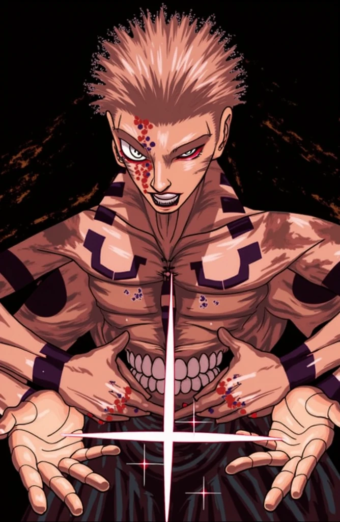 a drawing of sukuna real form with a sword and a sword in his hand, muscular body with 4 hand and have pink hair
