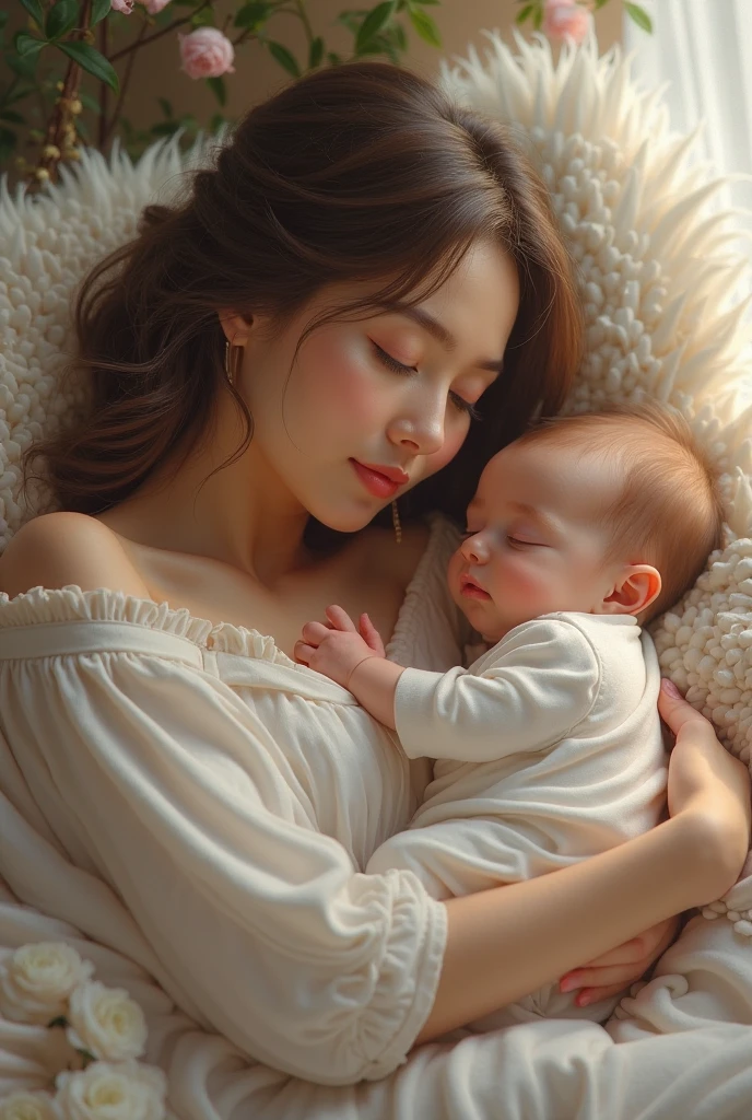 Create the same young man with short blond hair, face and androgynous body from the previous photo wearing a pink floral dress with thin straps and wedge sandals on his feet sitting on a sofa breastfeeding a baby 