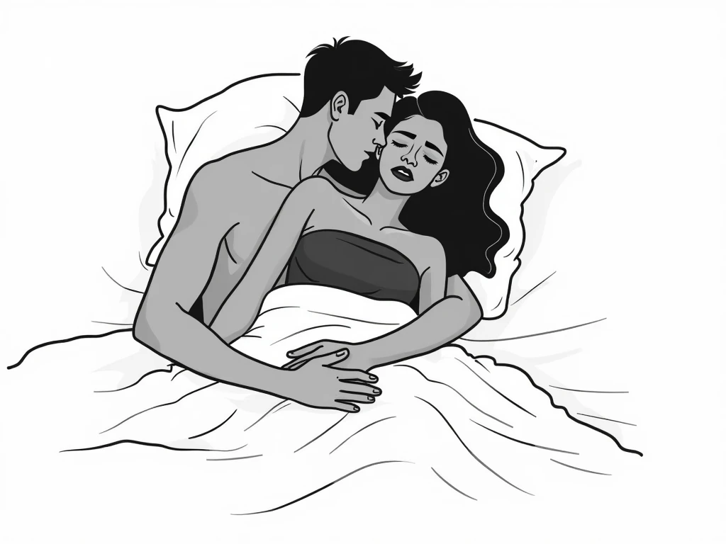 Create an easy drawing to draw, of a man and a woman lying in a bed , that the drawing be in black and white , Put clothes on both of them and place objects in the room , Locals give the man a beard and make him a little older