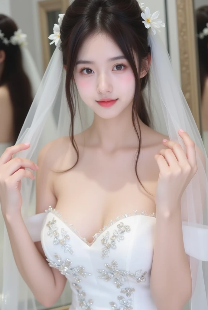 ((Top Quality, 8K, Masterpiece: 1.3)), Focus: 1.2, Cute Girl One, Perfect Beauty: 1.4, Asto: 1.2, (Layered Hairstyle, Beautiful Breasts: 1.1)), (Bandeau Wedding Dress: 1.1), (Bedroom: 1.3), Highly Detailed Face and Skin Texture, Detailed Eyes, Double Eyelids, Whitening Skin, Delicate Lips,