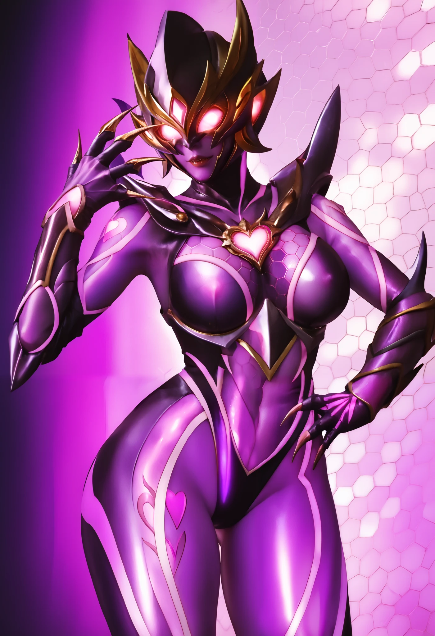 Ultraman Style Girl. Covered in black and purple skin. Pink lines. Glowing crystals on her chest. Sharp claws. Firm breasts. Curved waist. Thighs. A carapace covering her face. Armor-like skin. Honeycomb-patterned skin. Fusion with tentacles. A glowing pink heart tattoo.