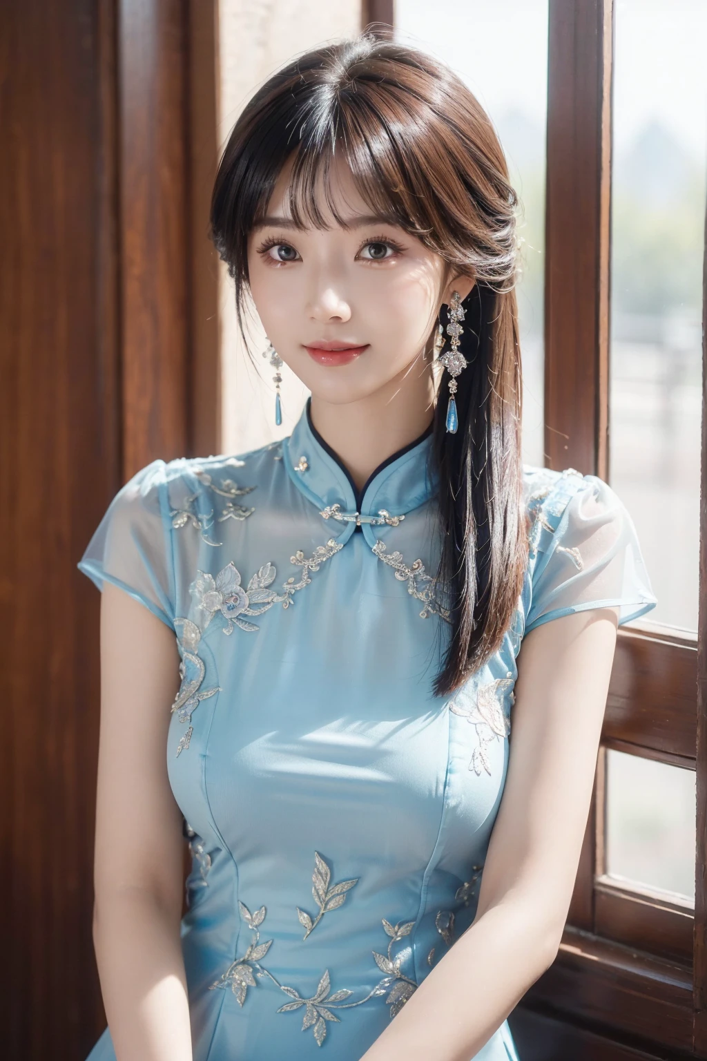 absurdres, RAW photo, extremely delicate and beautiful, masterpiece, Best Quality, ultra high resolution, 32k, hyperrealistic, ultra-detailed, perfect figure, in her 20s, very small head, very small face, delicate facial features, tearful mole, earring, ((huge breasts)), ((((full body shot)))), medium hair, black hair, ((cheongsam)), sleeveless, deep slit,