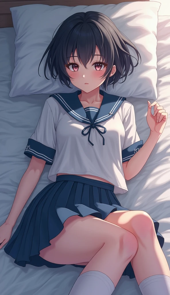 absurdres, RAW photo, extremely delicate and beautiful, masterpiece, Best Quality, ultra high resolution, 32k, hyperrealistic, ultra-detailed, in her 20s, delicate facial features, tearful mole, earring, medium breasts, full body shot, shorter middle hair, black hair, ((school uniform)), bedroom,