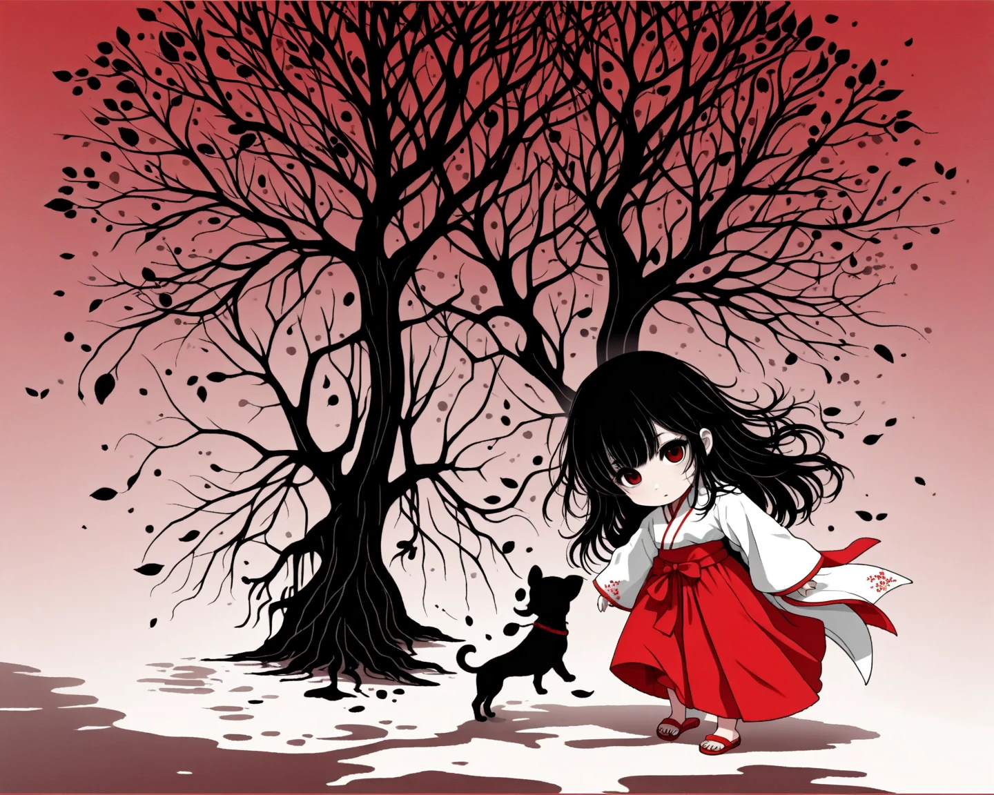 Girl in shrine maiden outfit、solo、plain white coat、plain red hakama、Red Sandals、dark eyes、 dark hair、long hair、black puppy 、( chibi:1.7)、red sky、Black Tree 々、Narrow Road、Invert entity and shadow、 ink art、(top quality, high resolution, masterpiece:1.4)、8k、Flat color animation、 minimalism、Fantasy、Ultra Wide Angle、from below、isometric drawing、