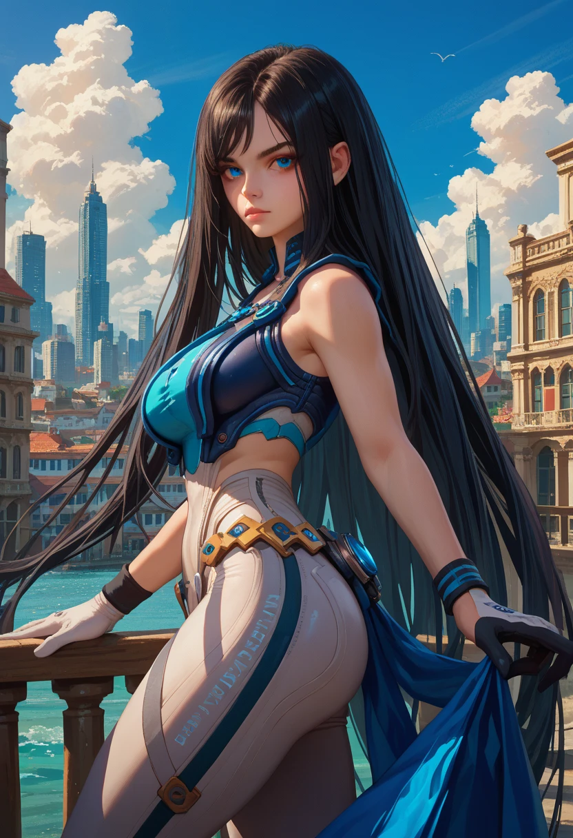 (Beautiful cyborg princess looking out over her lands from a tall tower, league of legends, long legs, belly dancer, high heels, intricate detail, cyberpunk Japan, futuristic, clean sharp focus) <lora:Dusk_XL_Goth_Moon_dadapt_cos_1e-7:0.8> 1girl, long hair, twintails, jewelry, hair bun, earrings, double bun, tsukino usagi, sailor collar, choker, hair ornament, crescent, sailor moon, skirt, gloves, very long hair